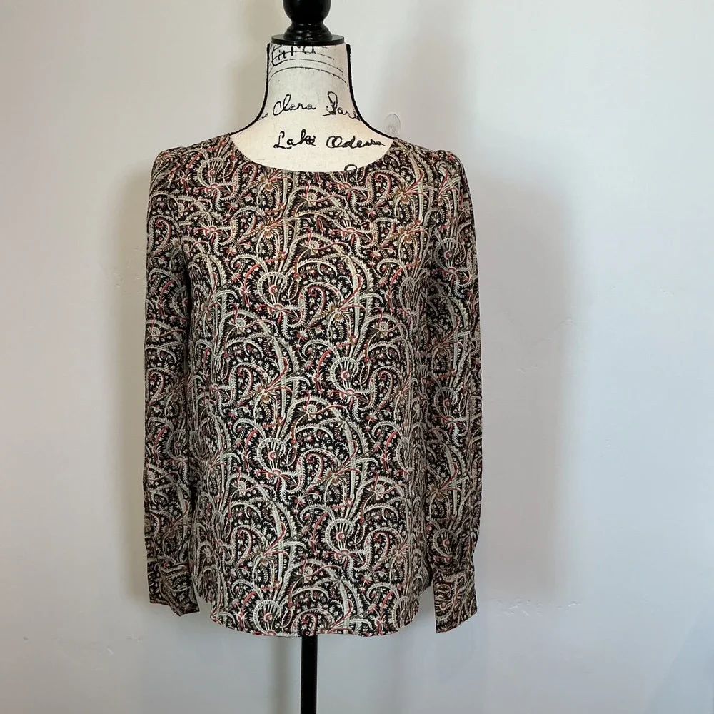 J.Crew 100% Silk Long Sleeve Blouse Top Paisley Print Career Casual Black 0